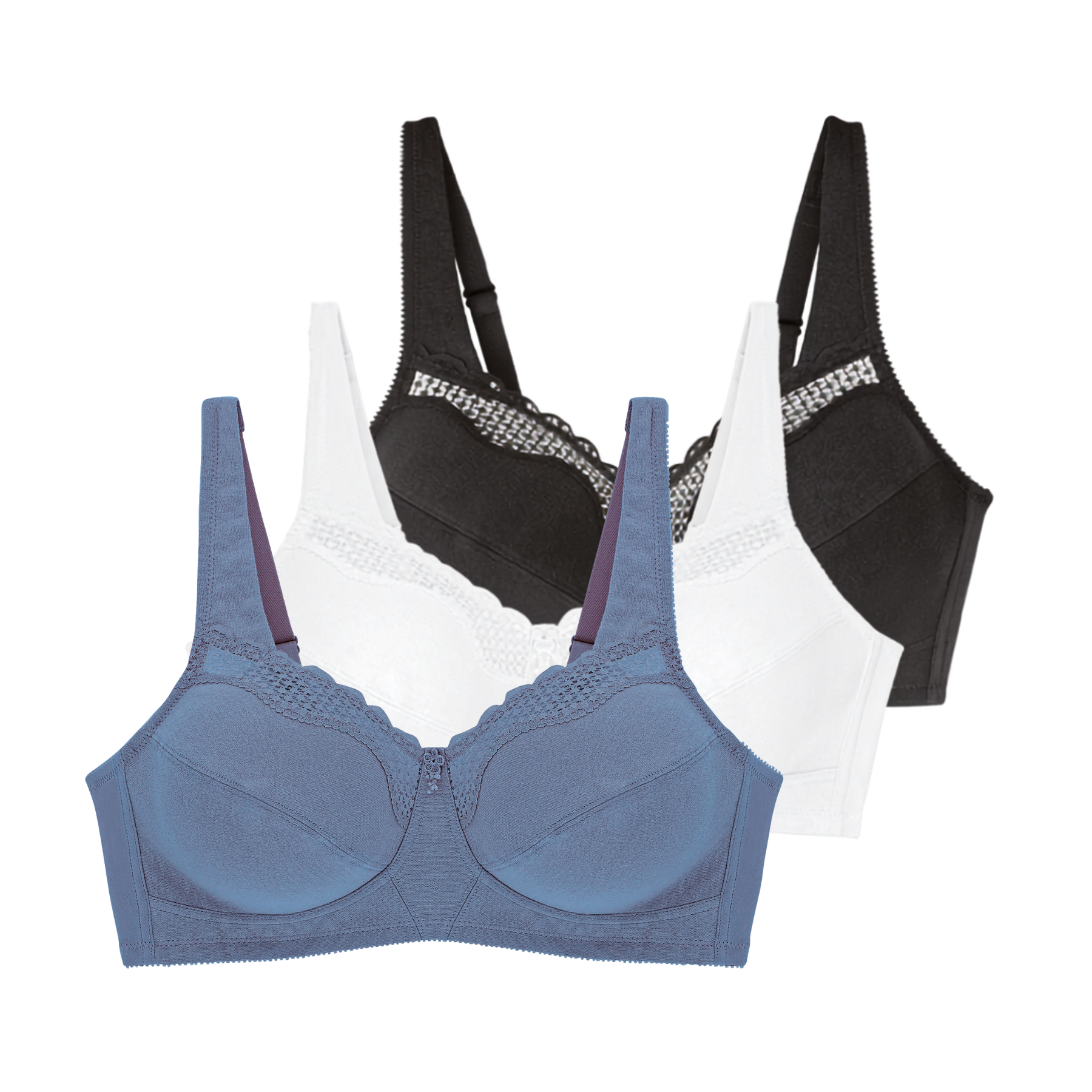 Lot de trois soutiens-gorge sans armatures Cotton confort blanc denim et noir