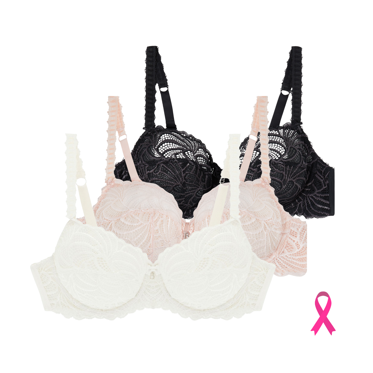 Lot de trois soutiens-gorge emboîtants ivoire noir et rose poudré Pampelune