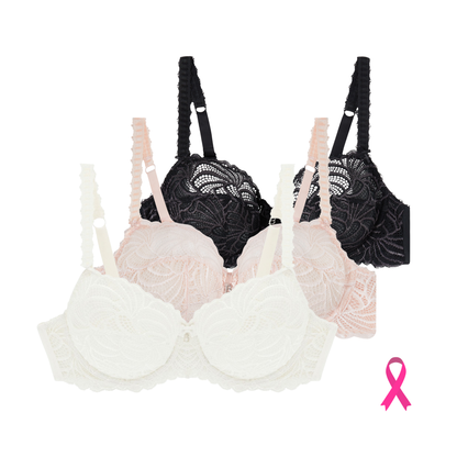 Lot de trois soutiens-gorge emboîtants ivoire noir et rose poudré Pampelune
