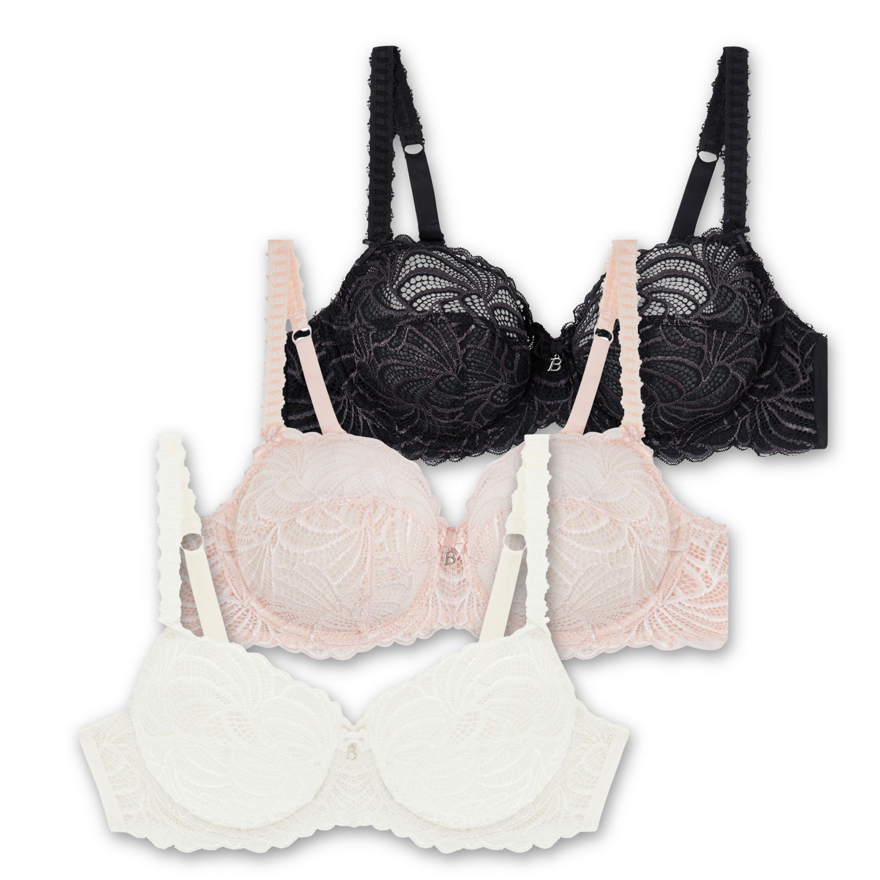 Lot de trois soutiens-gorge emboîtant ivoire noir et rose poudré Pampelune